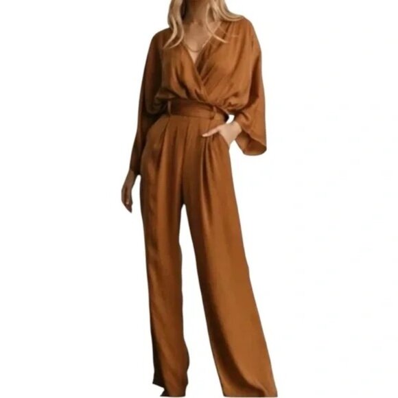 Baltic Born Pants - Baltic Born Santana Wide Leg Kimono Sleeves Belted Jumpsuit in Dark Camel Size S